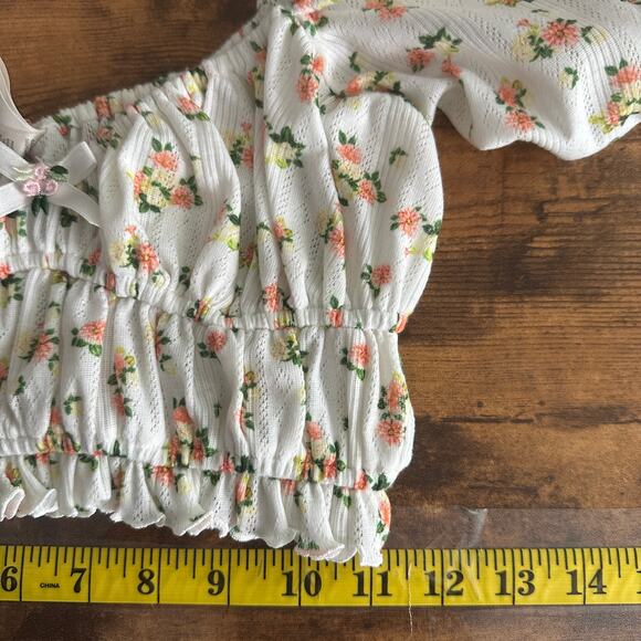 For Love and Lemons Lola Pointelle Top XXS White Yellow Floral Y2K Cottagecore - Picture 6 of 9